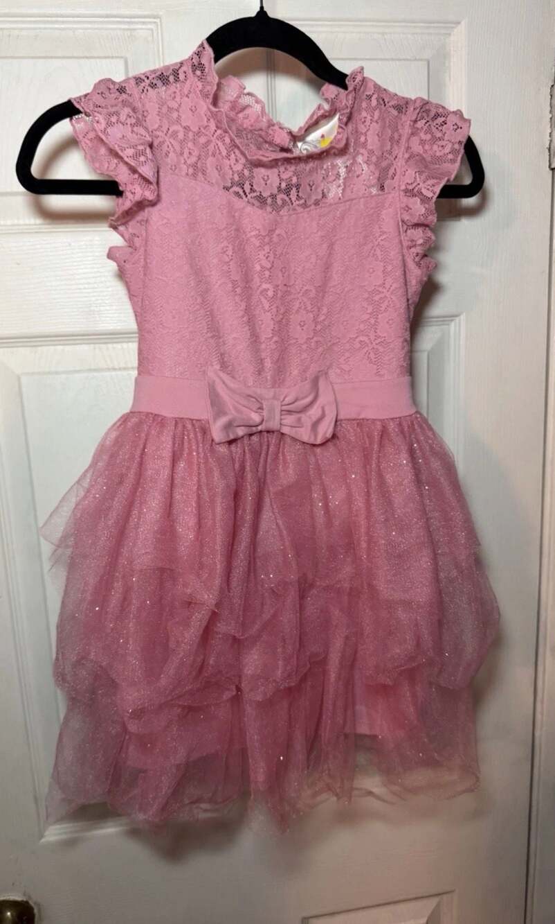 Jenna & Jessie Girls Pink Lace Bodice Tulle Ruffle Party Dress